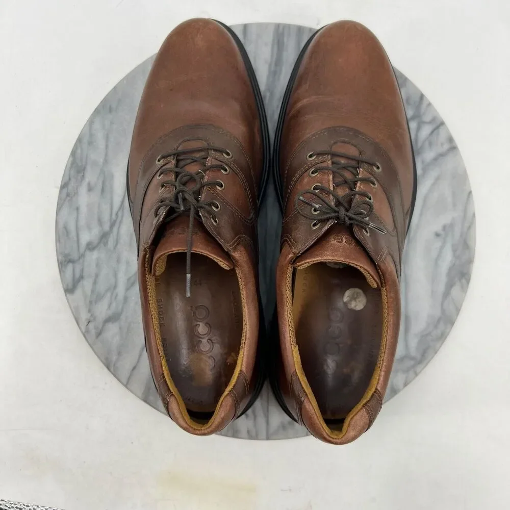 Ecco Mens 44 Golf‎ Shoes Brown Leather World Class Oxford Lace Up Soft Spike